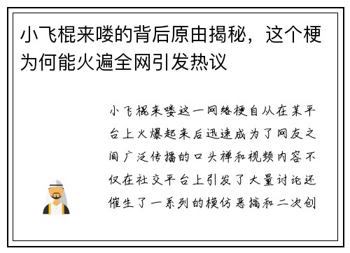 小飞棍来喽的背后原由揭秘,这个梗为何能火遍全网引发热议 小飞棍来喽的背后原由揭秘,这个梗为何能火遍全网引发热议